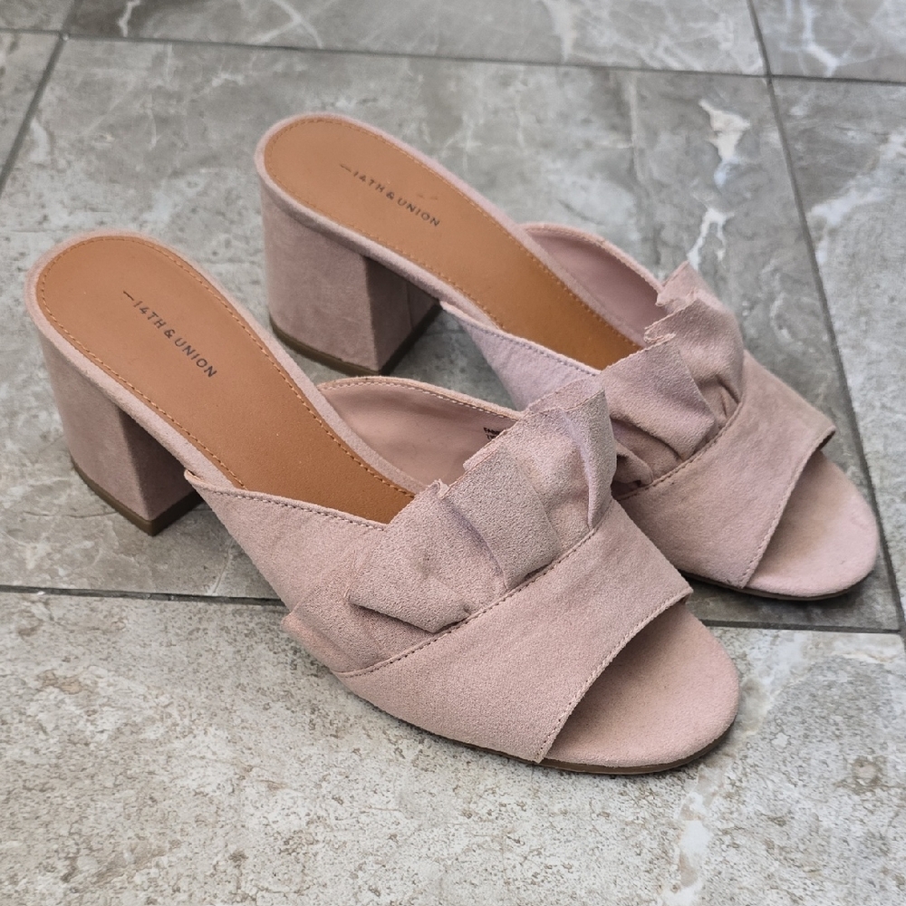 14th & Union Blush Pink Suede Ruffle Mules